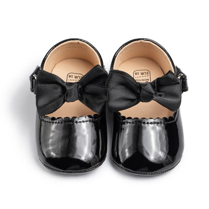 KIDSUN Baby Shoes – Newborn Girl Princess PU Toddler Shoes, Bow Decor Anti-Slip Rubber Sole First Walker (0-18M)