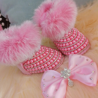 Dollbling Mommy & Daughter Custom Pearls Boots - Handmade Luxury Fur Infant Beaded Winter Booties