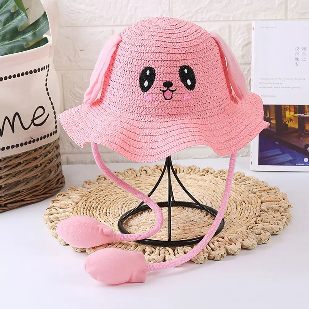 Kids Straw Sun Hat with Pop-Up Bunny Ears — Wide Brim 6.5 cm (2.6 in), 54 cm (21.3 in) Head — UPF 50+ Unisex Beach & Summer Hat, TikTok-Trending
