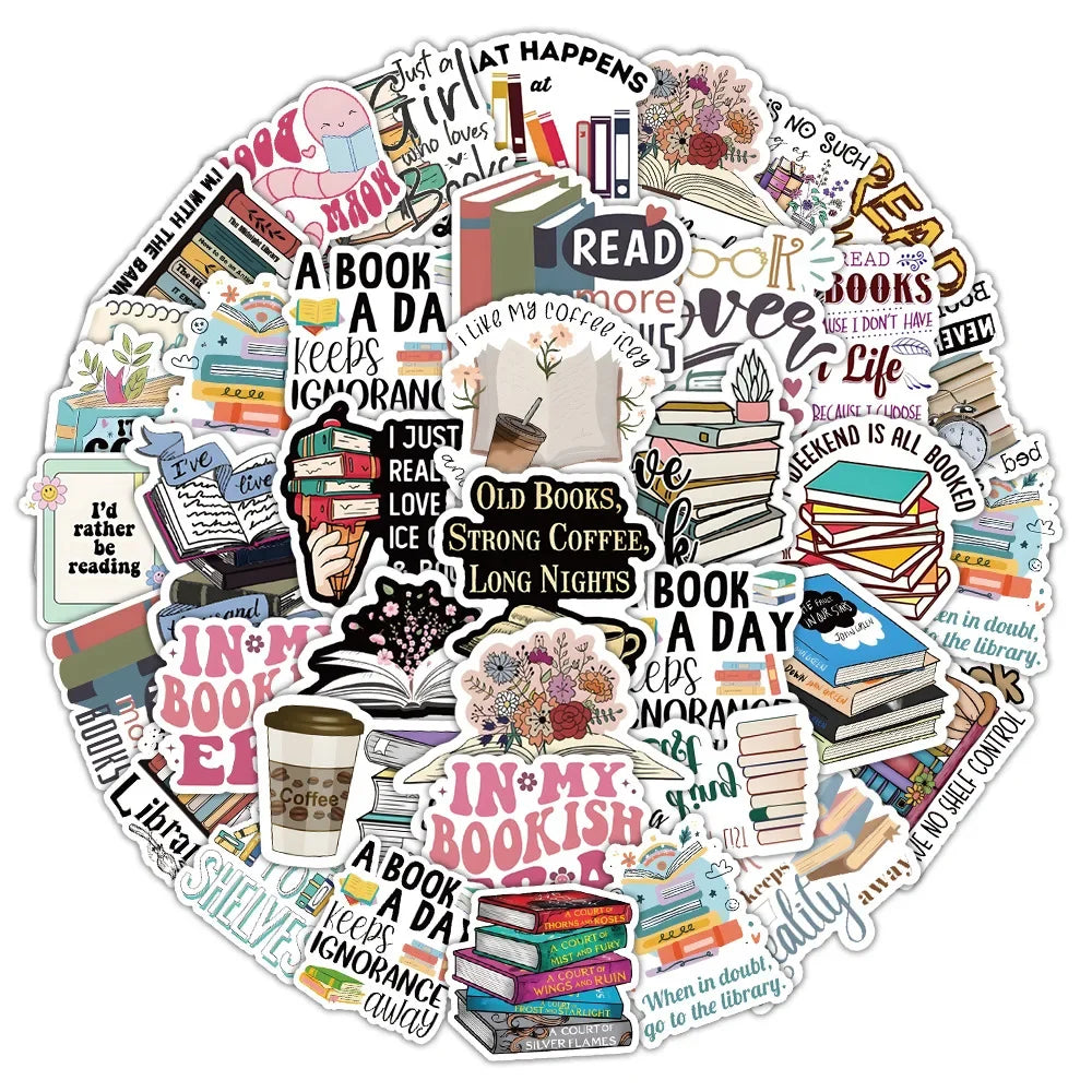 50pcs Cartoon Bookworm Reading Stickers – Decals for Notebooks, Laptops, Skateboards, and More