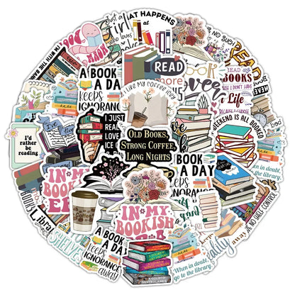 50pcs Cartoon Bookworm Reading Stickers – Decals for Notebooks, Laptops, Skateboards, and More