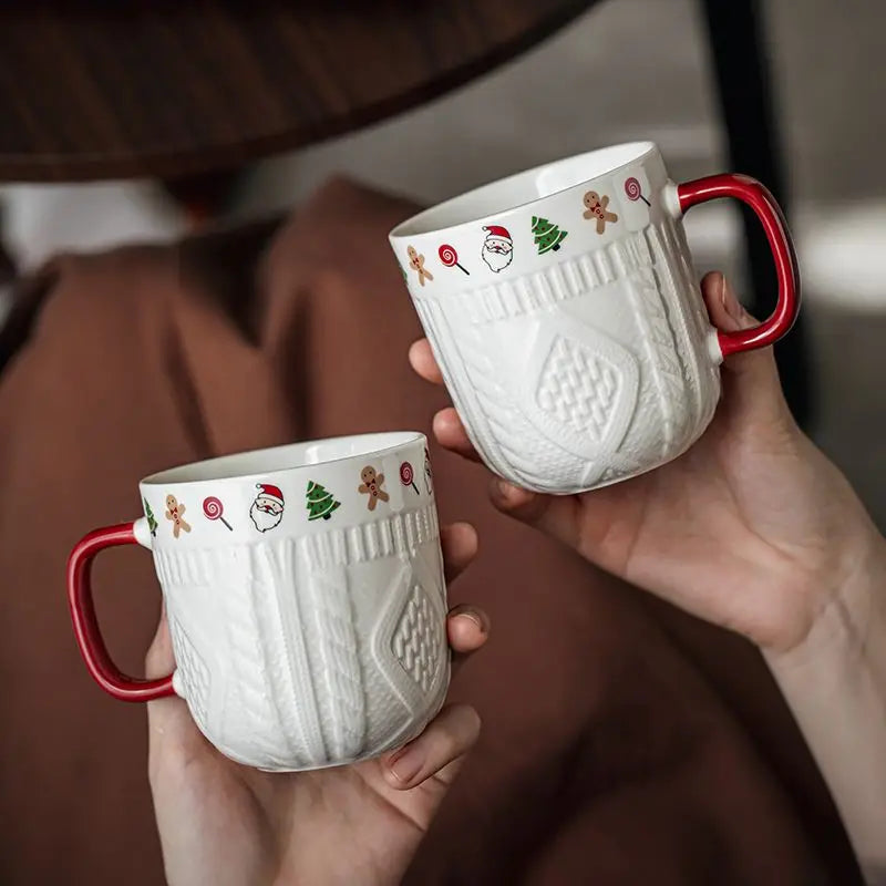 Embossed Christmas Sweater Ceramic Coffee Mug — Cute Cartoon Holiday & Birthday Gift for Women
