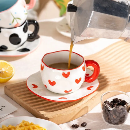 Hand-Pinched Irregular Porcelain Mug 300 ml (10 fl oz) – Flower & Heart Pattern Coffee & Tea Cup, Cute Gift for Kids & Girls