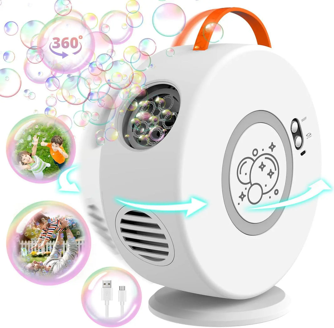 Automatic Bubble Machine — 360° Rotating Portable Bubble Blower, Battery-Powered Bubble Maker for Outdoor Parties & Weddings