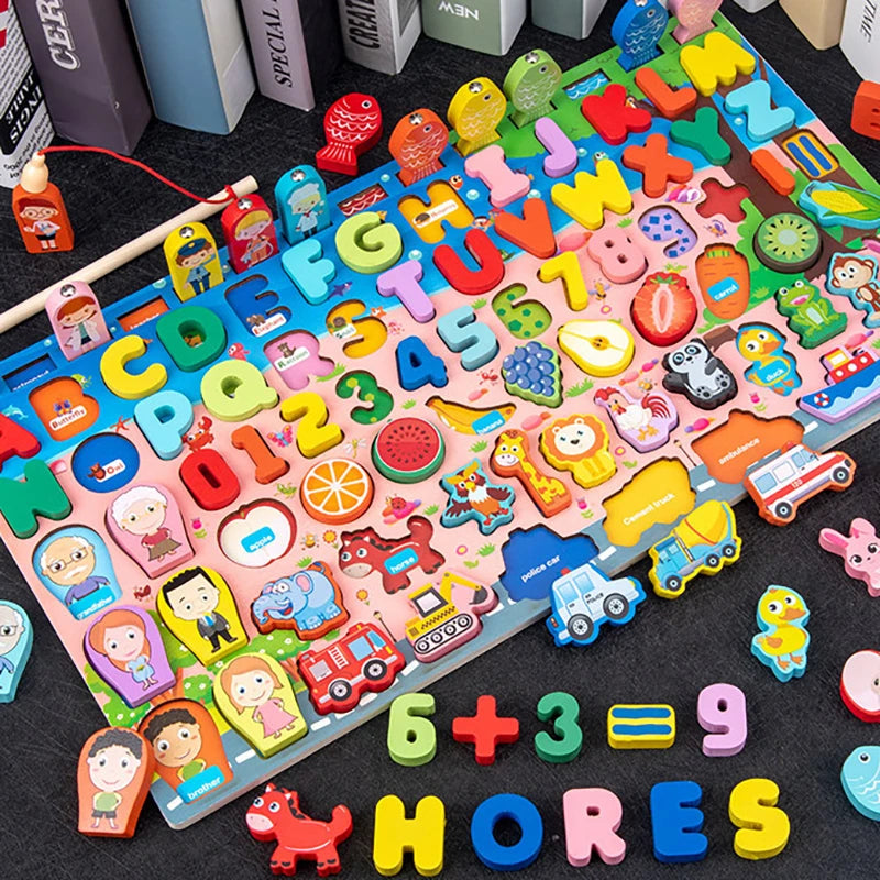 Montessori Wooden Math Toy – Busy Board with Counting, Shape, Color Matching, and Fishing Puzzle for Kids