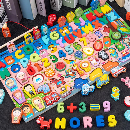Montessori Wooden Math Toy – Busy Board with Counting, Shape, Color Matching, and Fishing Puzzle for Kids