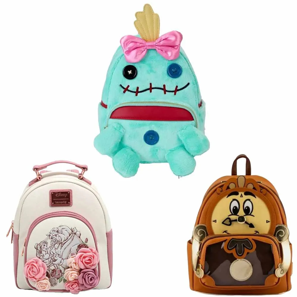 PU Leather Stitch Scrump Plush Mini Backpack – Beauty and the Beast Cogsworth Double Shoulder Bag
