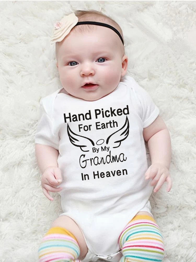 Hand Picked for Earth By My Grandpa/Grandma in Heaven Baby Bodysuit – Summer Short Sleeve Romper, Infant Jumpsuit, Baby Clothes