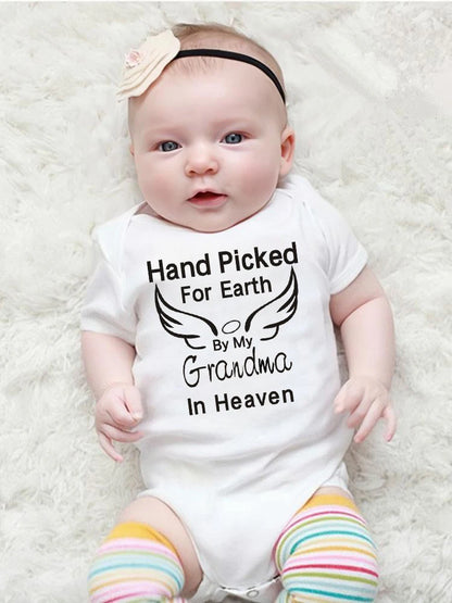 Hand Picked for Earth By My Grandpa/Grandma in Heaven Baby Bodysuit – Summer Short Sleeve Romper, Infant Jumpsuit, Baby Clothes