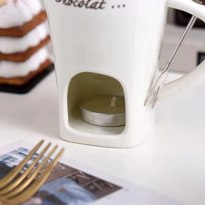 130ml (4.4 fl oz) Ceramic Chocolate Fondue Mug with Fork - 4.33in Mini Fondue Pot Candle Warmer for Melting Chocolate, Cheese & Butter
