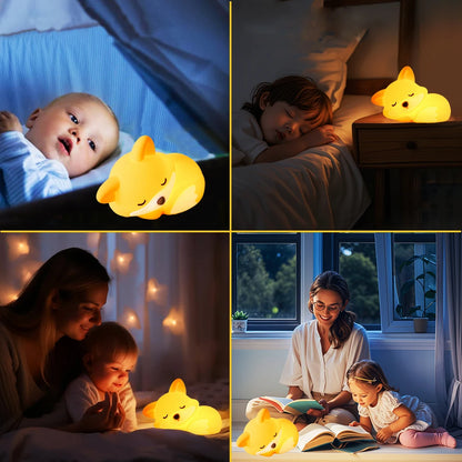 Silicone Fox Night Light Rechargeable Squishy Touch Sensor Timing Nursery Bedside Lamp Gift Room Decor