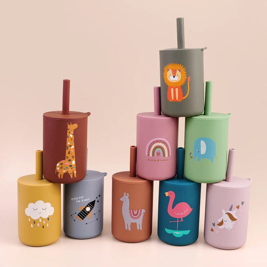 TYRY.HU 1Pc Baby Feeding Straw Cup, Cartoon Learning Feeding Cup, Food Grade Silicone Toddler Water Bottle, BPA Free Tableware