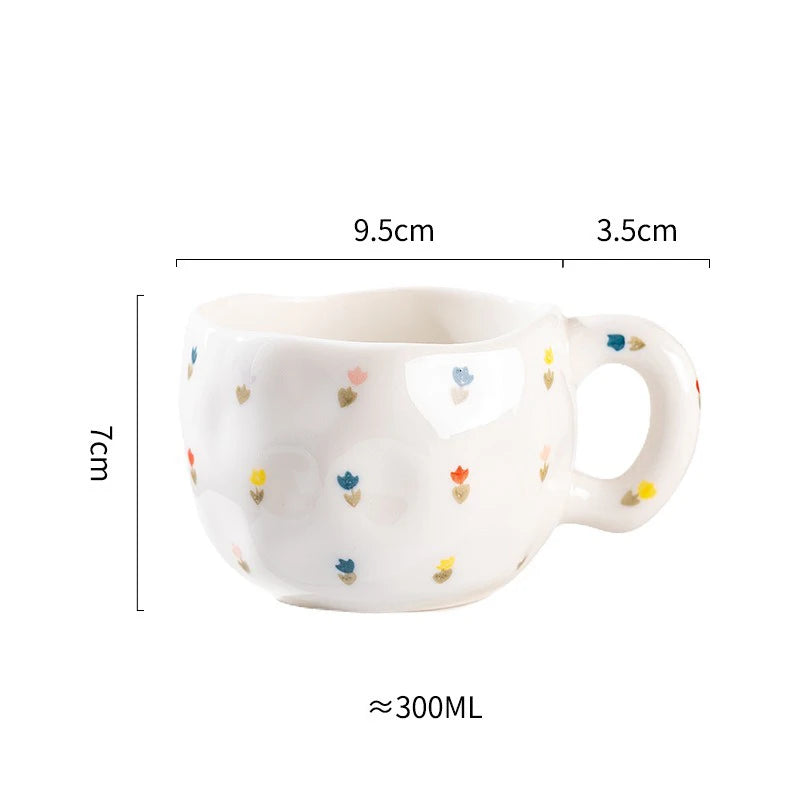 Hand-Pinched Irregular Porcelain Mug 300 ml (10 fl oz) – Flower & Heart Pattern Coffee & Tea Cup, Cute Gift for Kids & Girls