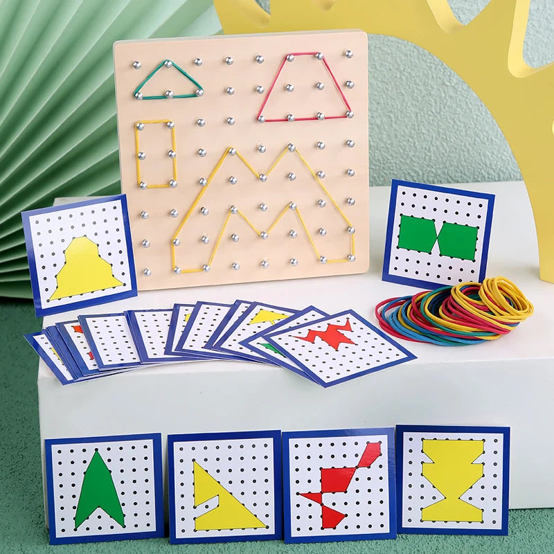 Montessori Baby Creative Toy – Graphic Rubber Tie Nail Boards with Cards for Early Childhood Education and Preschool Learning