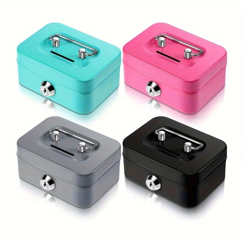Metal Cash Box with Key Lock Secure Coin Storage Piggy Bank for Office and Home with Handle