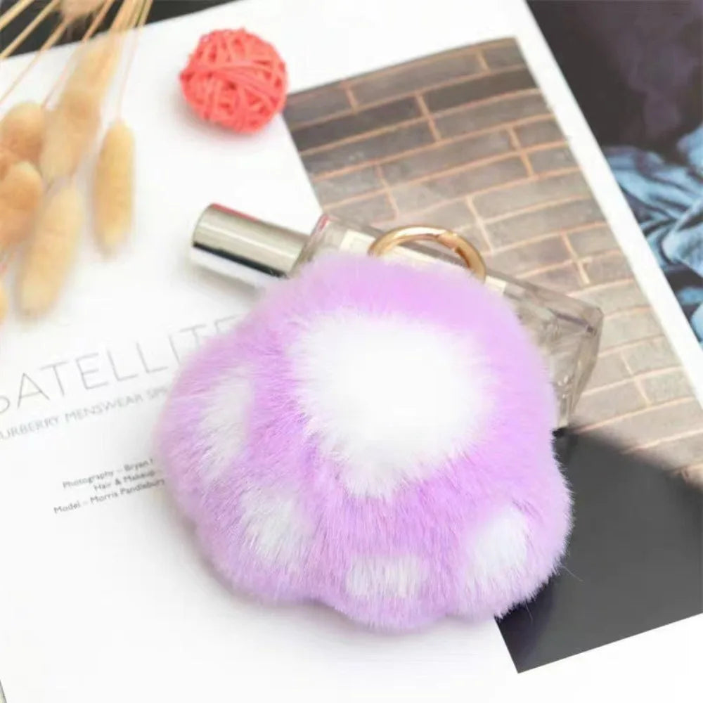 Fluffy Faux Fur Cat Paw Keychain, Plush Pendant for Backpack or Car