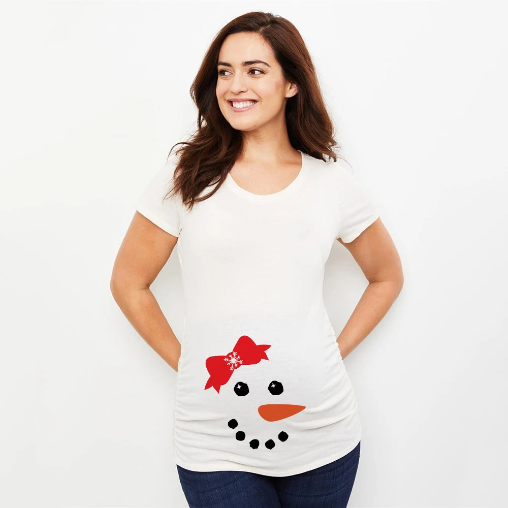 Christmas Pregnant Women T-shirt Snowman Cartoon Printed Pregnancy Announcement Clothes Maternity White Short Sleeve Top