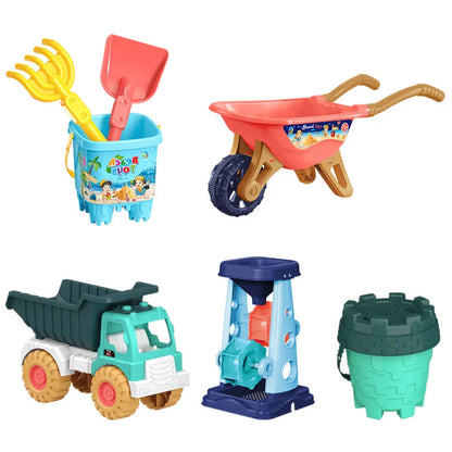 Children’s Beach Sand Play Tool Set With Bucket, Sieve, Funnel, Shovel, Wagon & Watering Can — Outdoor Toy Kit