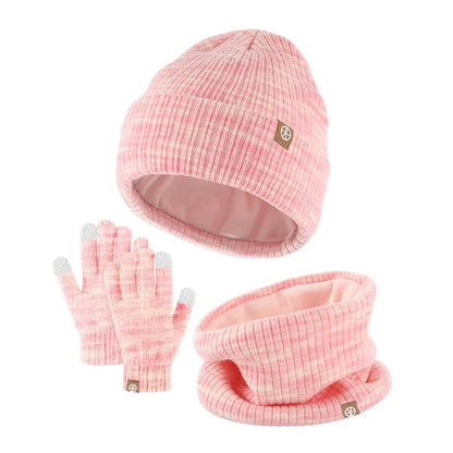 3-Piece Winter Set – Warm Knitted Hat, Gloves & Scarf for Boys & Girls, Plus Velvet Ear Protection Beanie for Kids