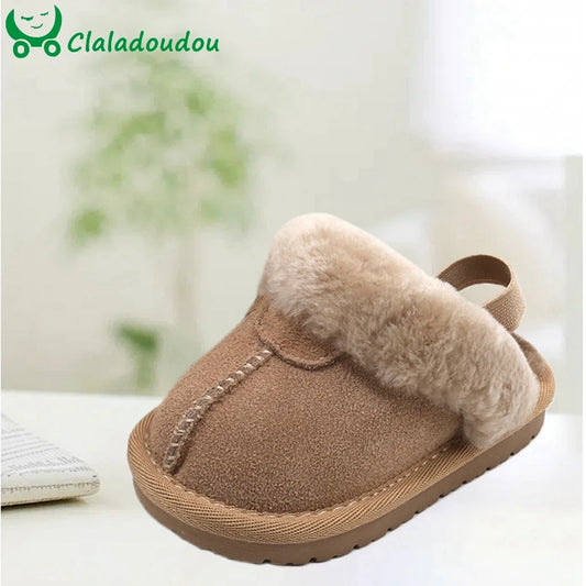 Little Kids Snow Boots, Solid Warm Shallow Boys Girls Genuine Leather Winter Shoes with Thick Plush, Toddler Casual Shoes