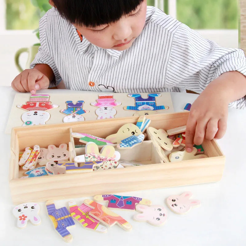 QWZ Little Bear Change Clothes, Children's Early Education Wooden Jigsaw Puzzle, Dressing Game, Baby Puzzle Toy for Children Gift
