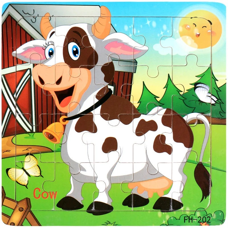 New 20 Piece Wooden 3D Puzzle, Cartoon Animal & Vehicle Jigsaw, Montessori Educational Toy for Kids, Baby 1-3 Years