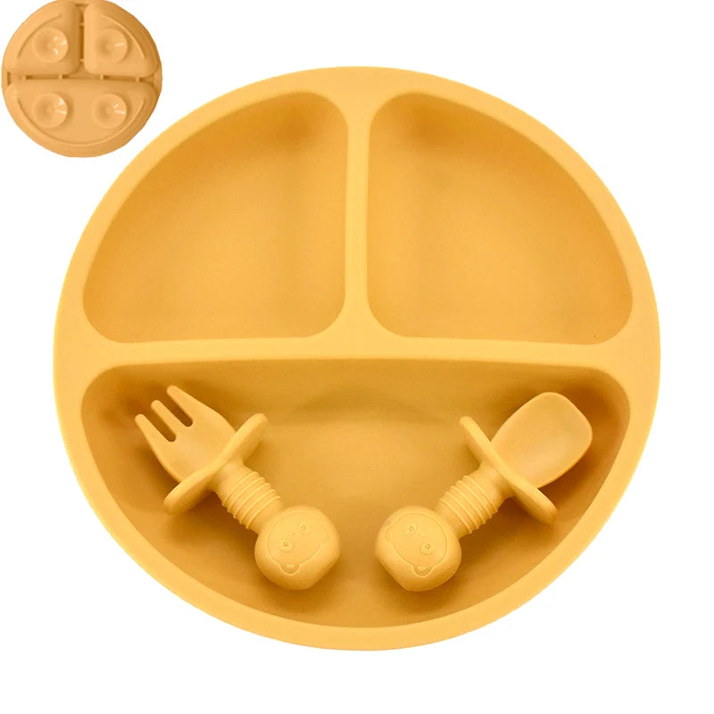 4Pcs Baby Safe Silicone Dining Plate Set - Cute Cartoon Smile Face Children Dishes, Retro Kids Tableware Set (BPA-Free)