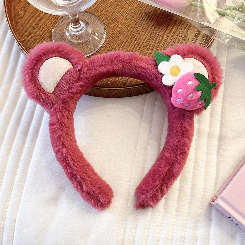 Strawberry Bear Plush Ear Face Wash Headband - Cute Cartoon Non-Slip Hairband for Women, Soft Cashmere