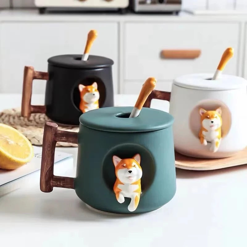 420ml (14.2 fl oz) 3D Shiba Inu Ceramic Mug with Lid & Spoon — Cute Cartoon Coffee & Milk Tea Cup, Gift for Girls