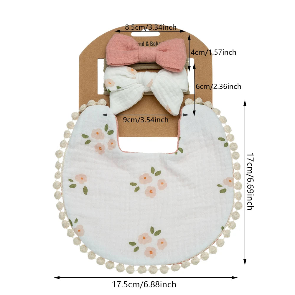 3-Piece Set – Baby Flower Bibs & Headbands, Bow Nylon Hairbands, Double-Side Saliva Towel & Feeding Burp Cloth for Boys & Girls - Kidzy Market