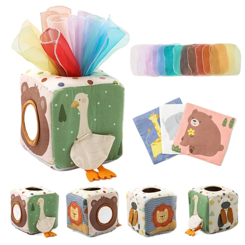 Baby Montessori Cotton Magic Tissue Box Toy – Finger Exercise Busy Board Game, Educational Soft Rattle Cloth Book Gift