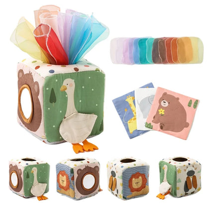 Baby Montessori Cotton Magic Tissue Box Toy – Finger Exercise Busy Board Game, Educational Soft Rattle Cloth Book Gift