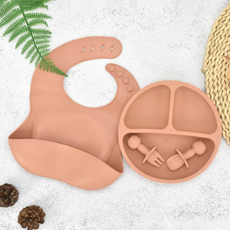 4Pcs Baby Safe Silicone Dining Plate Set - Cute Cartoon Smile Face Children Dishes, Retro Kids Tableware Set (BPA-Free)