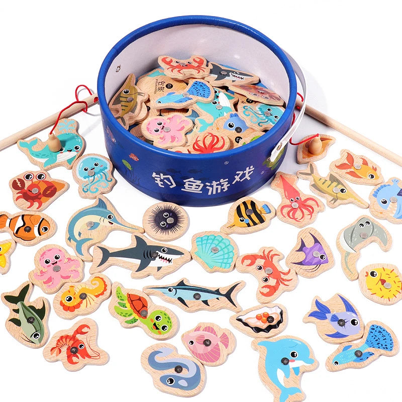 Montessori Wooden Magnetic Fishing Toys – Marine Life Cognition, Early Educational Parent-Child Interactive Game