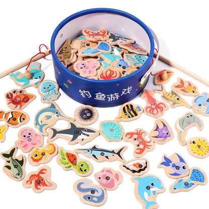 Montessori Wooden Magnetic Fishing Toys – Marine Life Cognition, Early Educational Parent-Child Interactive Game