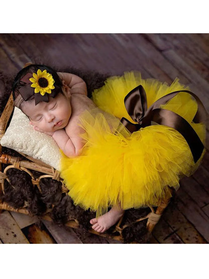 Baby Photography Unique Sunflower Design Newborn Outfit Tutu Bow Skirt Flower Headdress for 0-1 Month