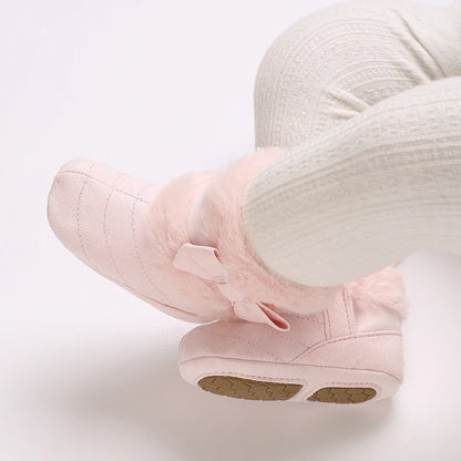 Cute Bowknot Comfortable Boots for Baby Girls, Soft Warm Plus Fleece Boots for Indoor Walking, Autumn and Winter