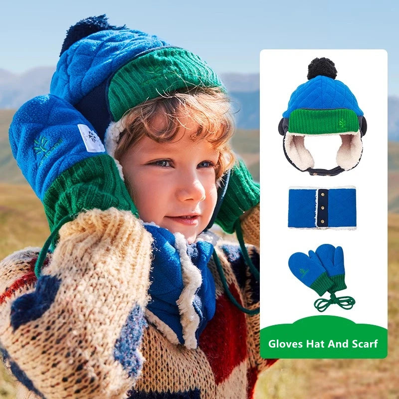 Warm Children Hat Scarf Gloves Set – Autumn & Winter Ear Protection Cap for Boys & Girls – Soft, Windproof, Thickened Velvet Beanie Hat