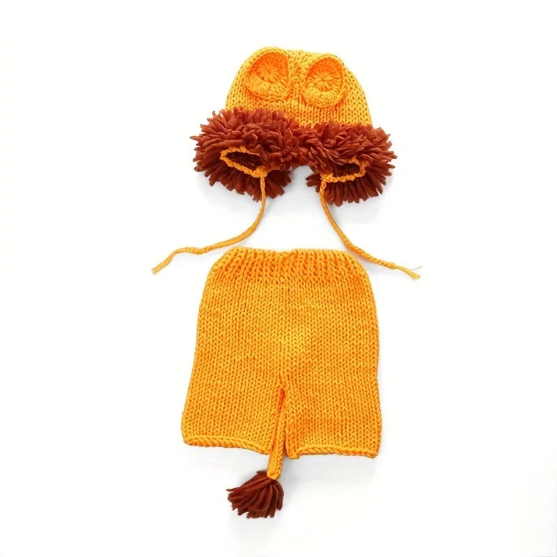 Baby Cute Lion Hat Newborn Photography Prop - Soft Knitted Hat & Pant Suit Infant Photoshoot Outfit