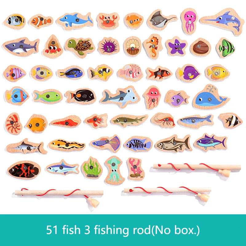 Montessori Wooden Magnetic Fishing Toys – Marine Life Cognition, Early Educational Parent-Child Interactive Game