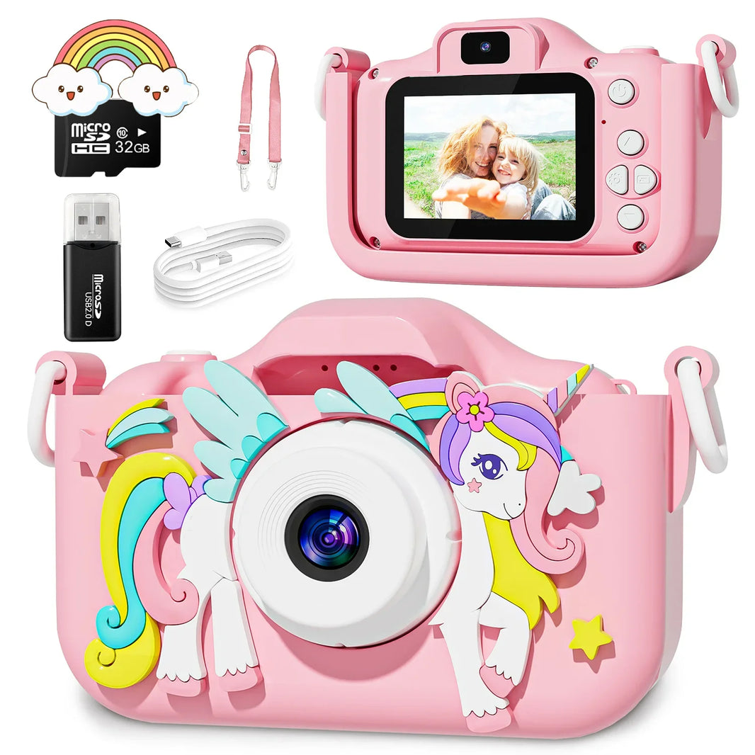 Cute Cat Kids Camera with Dual Lenses, 32GB Card, Silicone Case, HD Video Toy Gift