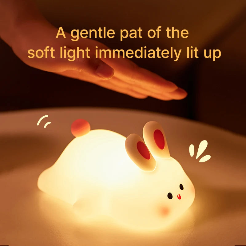 Cute Rabbit Silicone Night Light - Rechargeable Touch Sensor LED Lamp with USB & 30-Min Timer, Big-Face Kids Nightlight for Nursery & Party Decor