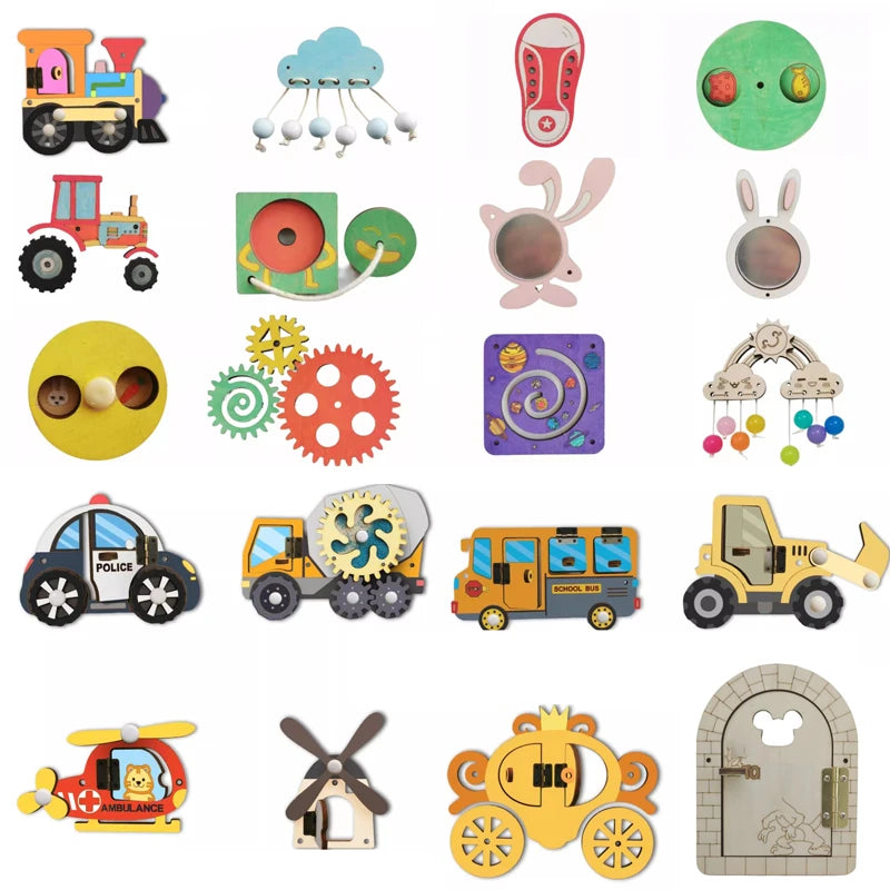 DIY Montessori Busy Board – Wooden Accessories with Hand-Pulled Wheel, Gear, Drum, Car, and Castle, Early Educational Toy for Children Gift