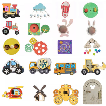 DIY Montessori Busy Board – Wooden Accessories with Hand-Pulled Wheel, Gear, Drum, Car, and Castle, Early Educational Toy for Children Gift