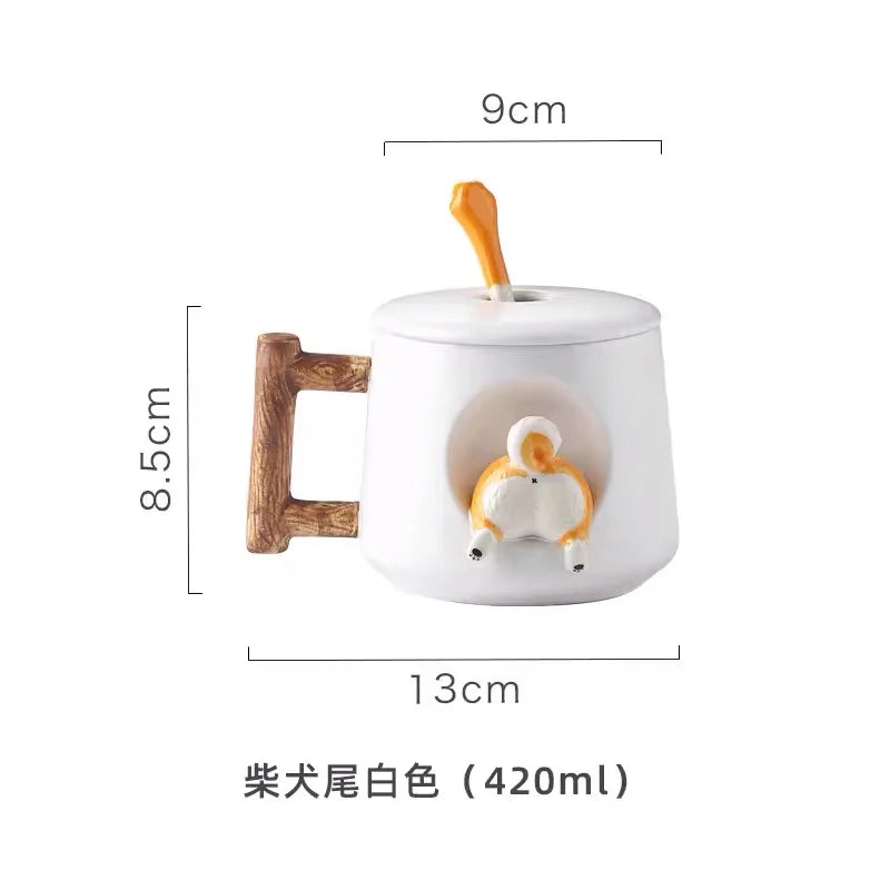 420ml (14.2 fl oz) 3D Shiba Inu Ceramic Mug with Lid & Spoon — Cute Cartoon Coffee & Milk Tea Cup, Gift for Girls