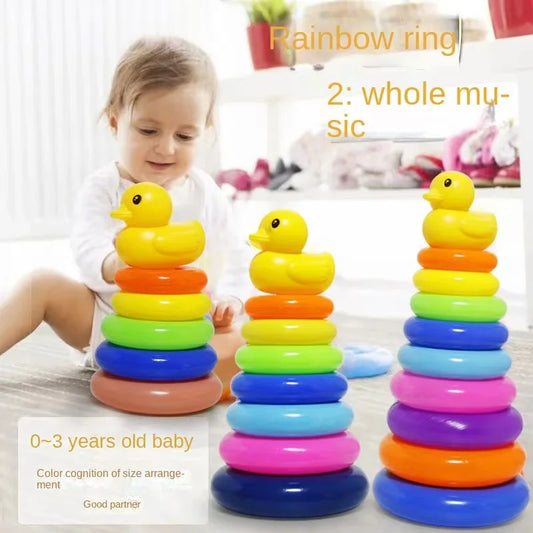 Rainbow Stacking Toy – Infant Early Learning Ring Puzzle with Yellow Duck, for Ages 0–3