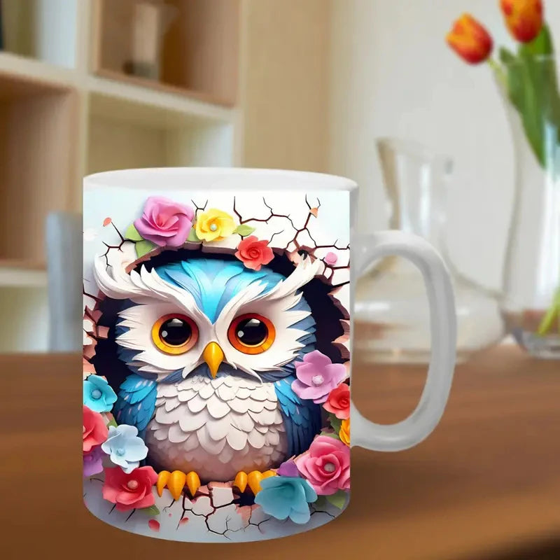 3D Owl Coffee Mug Wrap – 11 oz (350 ml) Ceramic Sublimation Tea & Milk Cup, Surprise Gift for Kids