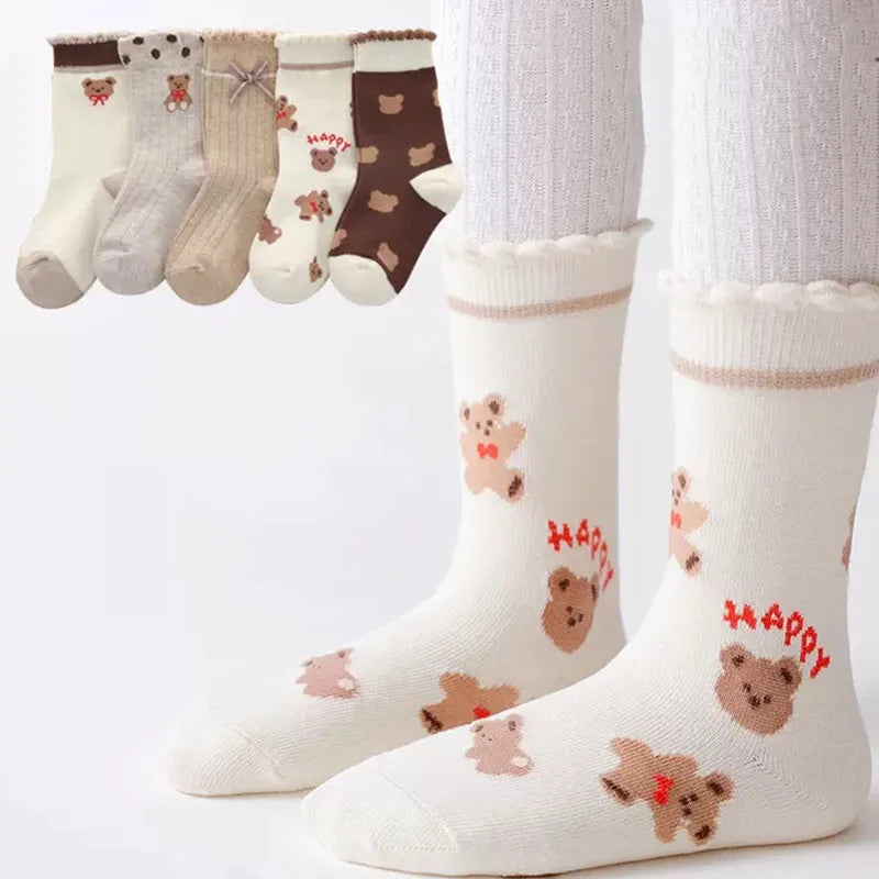 5 Pairs Cartoon Bear Children’s Middle Tube Socks - Autumn & Winter Keep Warm Sport Socks for Girls & Boys | Baby Cotton Socks for Kids