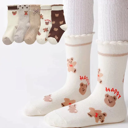 5 Pairs Cartoon Bear Children’s Middle Tube Socks - Autumn & Winter Keep Warm Sport Socks for Girls & Boys | Baby Cotton Socks for Kids