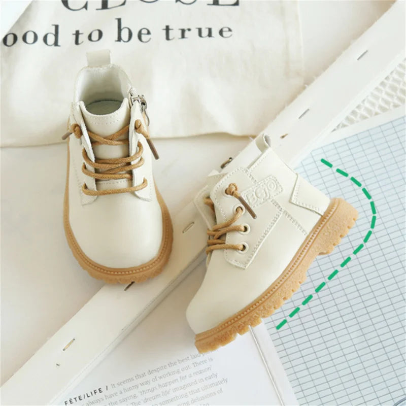 2024 New Spring/Autumn Baby Boots, Leather British Style Boys Fashion Boots, Rubber Sole Zip Side Toddler Girls Ankle Boots (Size 15-25)